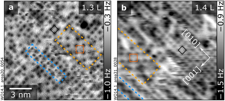 Between 2 and 2.5 H2O molecules per unit cell: “stripes” and “stable √2” patches. (a and b) 13.5 × 13.5 nm2nc-AFM images taken with differently terminated tips. Areas with “stripes” and “stable √2” patches are outlined in blue and orange, respectively, and (1 × 1) and (√2 × √2)R45° unit cells are marked in black and dark orange, respectively. Doses in Langmuir (L) are indicated in the upper-right corner of the corresponding panels. AFM parameters: (a)A= 700 pm,Vs= −10 V, O-terminated tip; (b)A= 700 pm,Vs= −3.5 V, Cu-terminated tip.