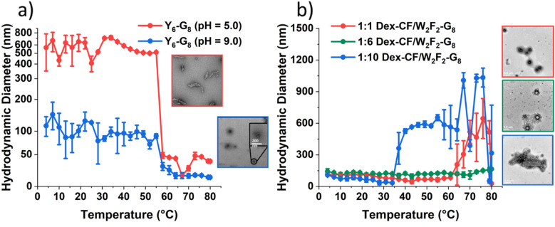 Hydrodynamic diameters (Dh) of nanostructures as a function of temperature upon heating and TEM images of the self-assembled ECnPs under various solution conditions. (a) Y6-G8in aqueous solution at pH = 5.0 (red) and pH = 9.0 (blue); (b) Dex/W2F2-G8with the Dex/peptide mass ratio of 1 : 1 (red), 1 : 6 (green) and 1 : 10 (blue). The scale bars are 500 nm.