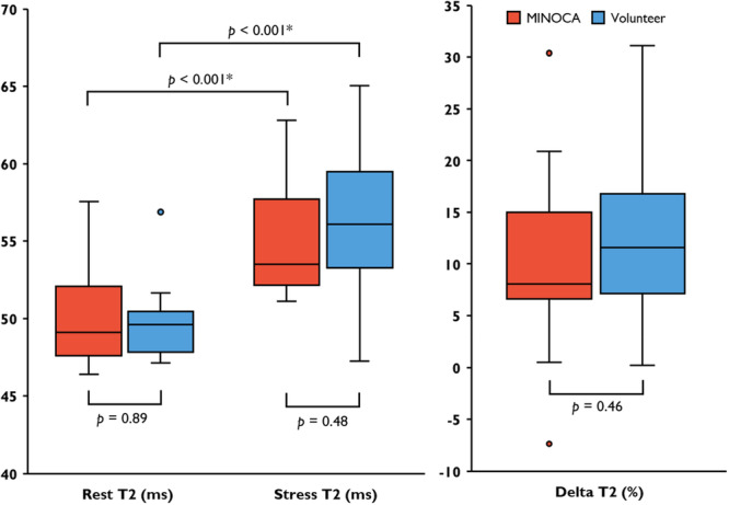 Global Transmural Native T2 in Patients with MINOCA and volunteers. Comparison of absolute native T2 in rest and stress between patients with previous MINOCA and volunteers, including delta T2. Points denote outlier values.