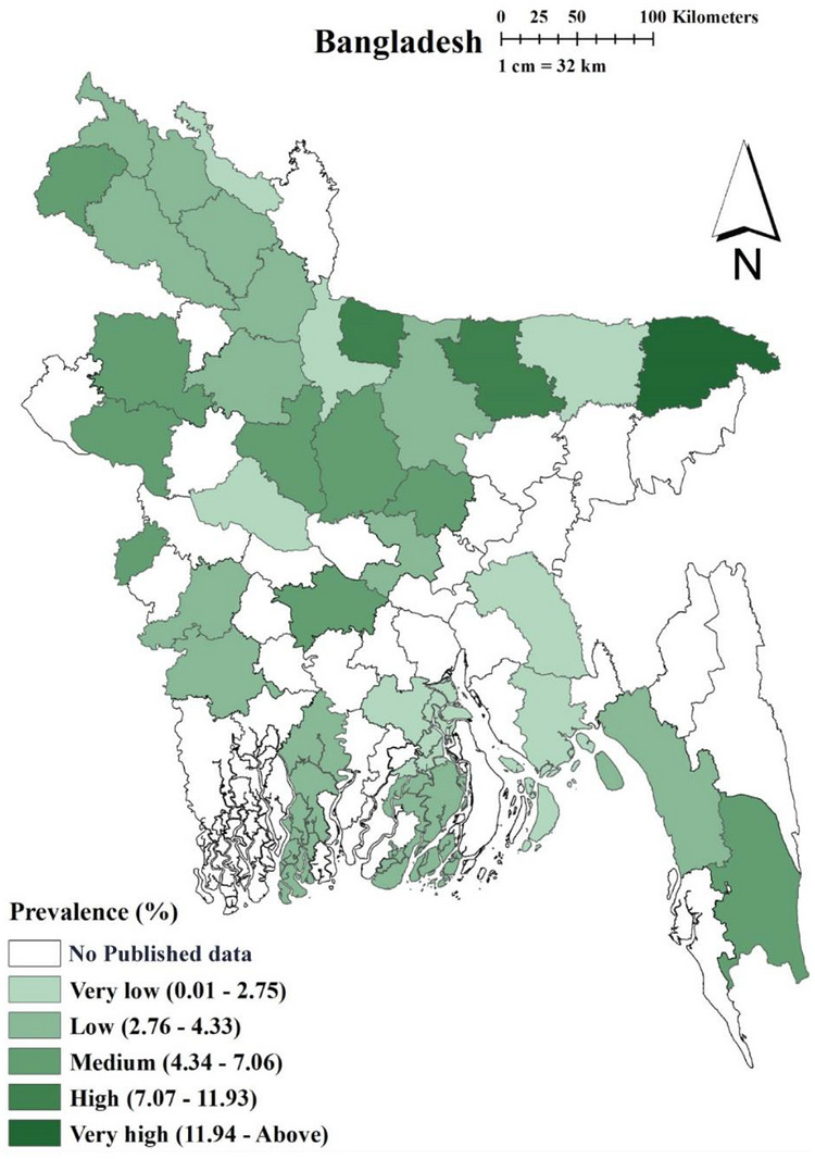 Map showing pooled prevalence ofBrucellain different districts of Bangladesh.