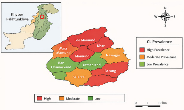 Geographic risk map of cutaneous leishmaniasis (CL) in District Bajaur, Khyber Pakhtunkhwa, Pakistan. The choropleth map illustrates the spatial distribution of CL prevalence across the nine tehsils of the district, categorized into high, moderate and low prevalence zones based on reported case frequency during the study period (2022). Tehsils with higher case concentrations are highlighted in red, moderate prevalence areas in orange, and lower prevalence areas in green. The inset map shows the location of Bajaur District within Khyber Pakhtunkhwa, Pakistan, providing geographic context for the study area. The map was generated to identify spatial clustering and high‐risk areas, which may assist in targeted disease surveillance and control strategies.
