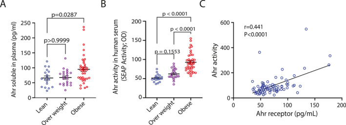 AhR protein levels and AhR agonist activity in normal/healthy weight, overweight and obese plasma samples. (A): AhR plasma protein levels of healthy normal/healthy weight, overweight and obese were assessed in triplicate (n= 3) using Human Aryl Hydrocarbon Receptor ELISA Kit. (B): AhR agonist activity in plasma samples of normal/healthy weight (n= 18), overweight (n= 23) and obese (n= 39), was assessed in technical duplicates using an AhR ligand sensitive luciferase assay. (C): Solid line shows linear regression with correlation of AhR activity and AhR soluble protein in plasma. Values represent the actual measurements of each sample. Lines represent mean and error bar SEM. For comparisons among three or more groups, the Kruskal–Wallis test followed by Dunn's corrected post hoc multiple comparison test was applied.p< 0.05 was considered significant.