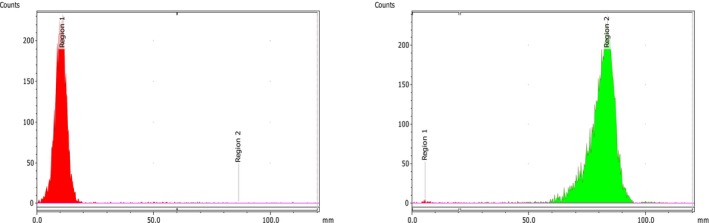 Radiochemical purity data of [161Tb]Tb‐DOTA‐AP‐2 using sodium citrate of 0.1 M as a mobile phase (left panel: no degradation observed:Rfof radiolabeled compound, 0.0–0.2) and ammonium acetate:methanol (1:1) (right panel: insignificant amount of radiocolloids detected:Rfof radiocolloids, 0.0–0.2).