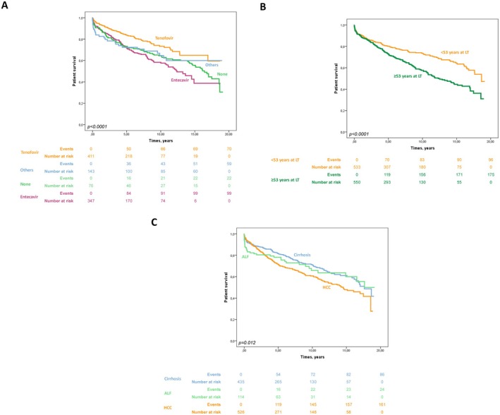 Factors associated with overall patient mortality in univariate analysis (according to Kaplan–Meier estimates). (A) Overall patient survival according to pre‐LT NUC type (p< 0.0001):Tenofovir: Patient survival at 1, 5, 10 and 15 years after LT was 94.3%, 83.9%, 73.3% and 64.9%, respectively.Entecavir: Patient survival at 1, 5, 10 and 15 years after LT was 89.4%, 71.6%, 58.4% and 38.7%, respectively.Other NUC: Patient survival at 1, 5, 10 and 15 years after LT was 89.9%, 72.5%, 64.4% and 54.6%, respectively.None: Patient survival at 1, 5, 10 and 15 years after LT was 82.5%, 72.3%, 62.3% and 59.9%, respectively. (B) Overall patient survival according to patient age at LT (53 years, median age of transplant patient) (p< 0.0001).Patients with age ≤ 53 years at LT time: Patient survival at 1, 5, 10 and 15 years after LT was 93.0%, 85.0%, 80.8% and 74.4%, respectively.Patients with ≥ 53 years at LT time: Patient survival at 1, 5, 10 and 15 years after LT was 90.0%, 75.4%, 63.2% and 51.9%, respectively. (C) Overall patient survival according to aetiology of LT (cirrhosis, HCC, ALF) (p= 0.012).Patients transplanted for decompensated cirrhosis: Patient survival at 1, 5, 10 and 15 years after LT was 95.3%, 85.6%, 77.1% and 72.7%, respectively.Patients transplanted for HCC: Patient survival at 1, 5, 10 and 15 years after LT was 92.2%, 73.7%, 65.1% and 55.6%, respectively.Patients transplanted for ALF: Patient survival at 1, 5, 10 and 15 years after LT was 87.4%, 84.7%, 75.6% and 73.0%, respectively.