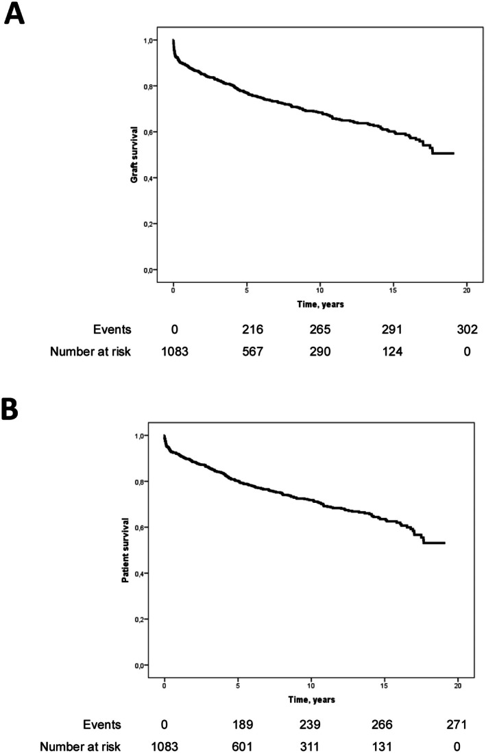 Graft survival (A) and overall patient survival (B) (according to Kaplan–Meier estimates). (A) Graft survival at 1, 5, 10 and 15 years after LT was 88.4%, 77.4%, 69.0% and 60.8%, respectively. (B) Patients' survival at 1, 5, 10 and 15 years after LT was 91.6%, 80.1%, 71.8% and 63.6%, respectively.