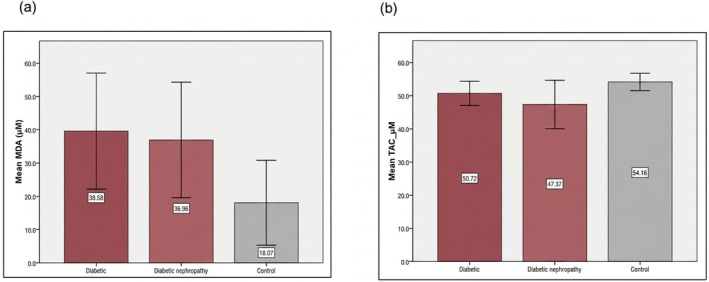 Oxidative stress among the studied groups. (a) comparison of the concentration level of MDA between the studied groups, (b) comparison of the TAC between the studied groups.
