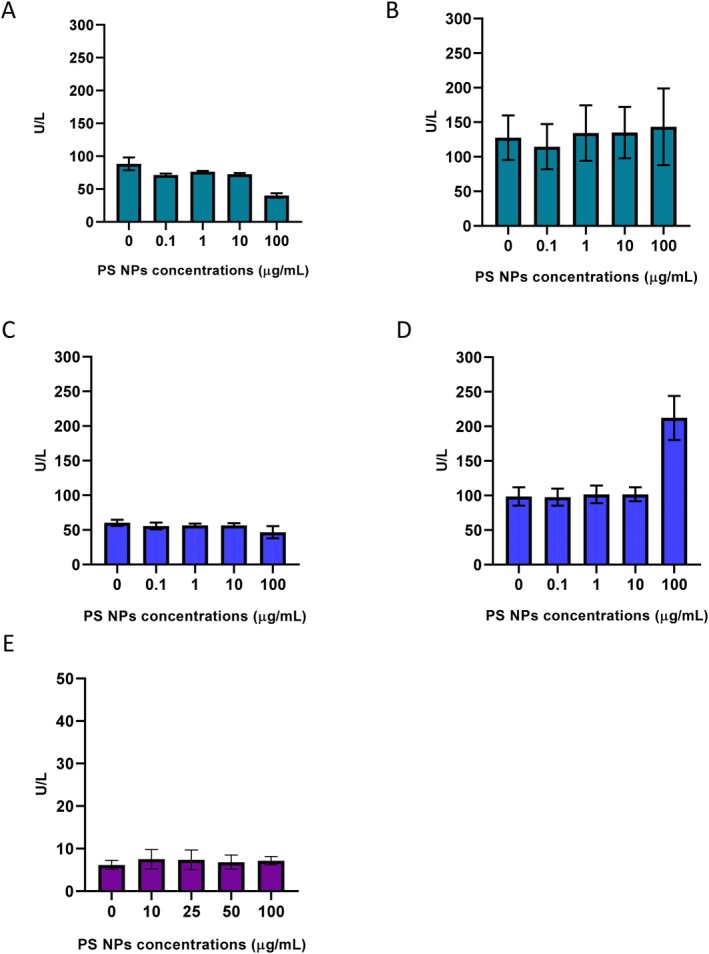 LDH levels in the media after PS NPs exposure in HepG2 cells after (A) 24 h and (B) 48 h; IHH cells after (C) 24 h and (D) 48 h; (E) hPCLS after 24 h exposure.
