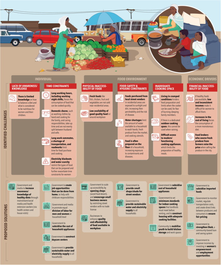 Perceived challenges and proposed solutions to adopting healthy diets amongst women of reproductive age and children U5 in lower‐income groups.