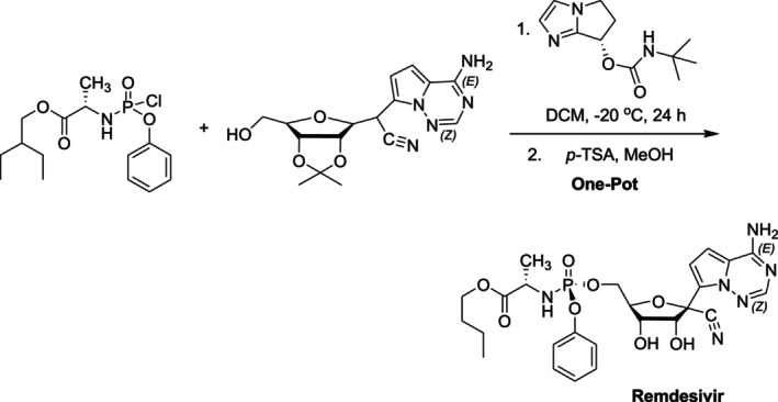 Remdesivir synthesis through one‐pot organocatalyzed asymmetric (S)‐P‐phosphoramidation.