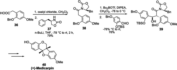 Synthesis of (+)‐Medicarpin using chiral auxiliary (R)‐4‐benzyl‐2‐oxazolidinone.