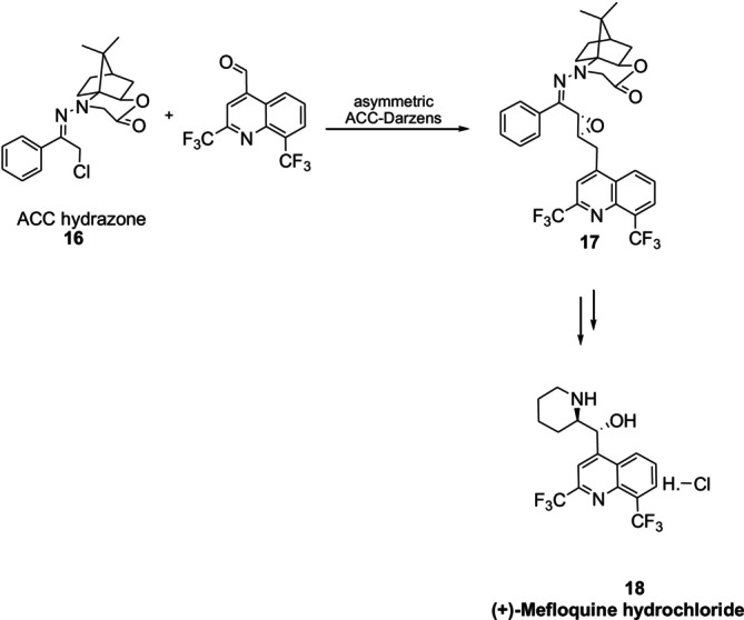 Asymmetric synthesis of (+)‐mefloquine hydrochloride using chiraln‐amino cyclic carbamate hydrazones.