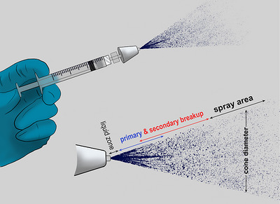 Schematic illustration of spray formation of the MAD Nasal atomization device. After exiting the nozzle, the liquid forms a jet that breaks into fine droplets at the breakup distance. The cone width and breakup length influence distribution and deposition of the drug. MAD Nasal produces a wide spray cone and a short breakup length, which requires sufficient intranasal clearance in both length and diameter. This schematic adapted and redrawn from Jafarbeglou et al. (2018).