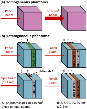 Phantoms used for validation of dose calculation in (a) homogeneous and (b) heterogeneous phantoms. Heterogeneous slab phantoms are obtained by inserting a lung and/or bone slab into a water phantom. Pink denotes an arbitrary material from the database, green denotes a generic slab that can represent either lung or bone depending on the configuration, while blue denotes water, and brown and gray denote lung and bone, respectively. d = depth in water to the heterogeneity (slab insert); t = slab insert thickness.