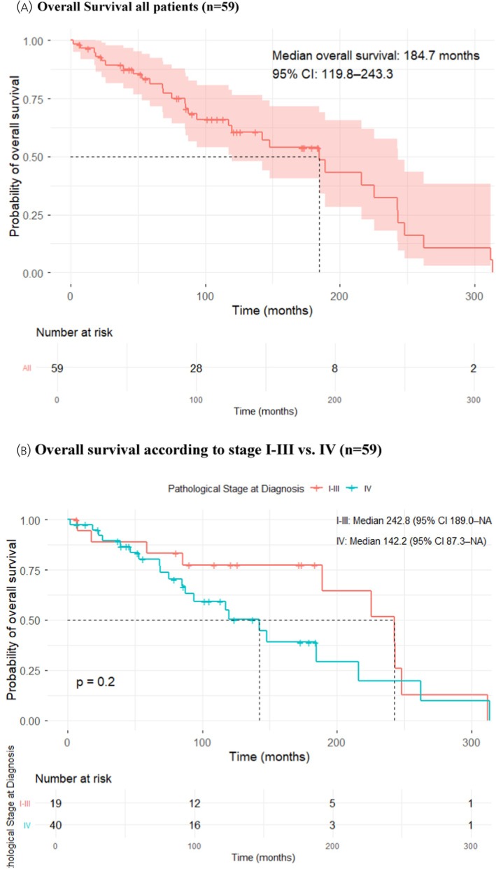 (A) Kaplan–Meier curve for overall survival (OS) in the entire cohort; (B) stratified by stage I–III versus stage IV at diagnosis.