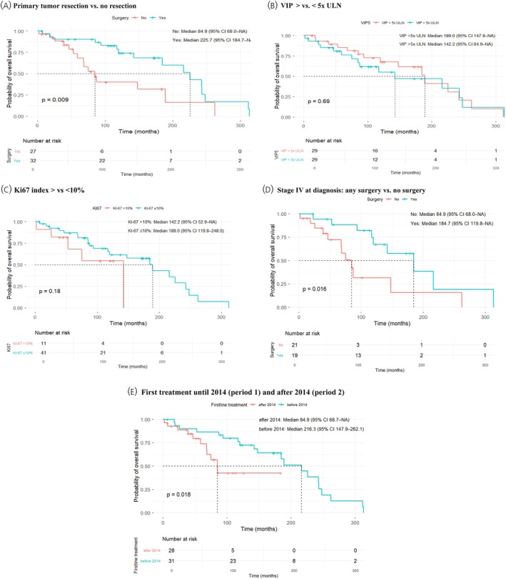 Prognostic factors. Overall survival (OS) stratified by (A): Surgery versus no surgery, (B): Serum VIP </>5 × ULN; (C): Ki67 index </>10%; (D): Stage IV at diagnosis: Any surgery versus no surgery; (E): Initial treatment until 2014 versus after 2014.