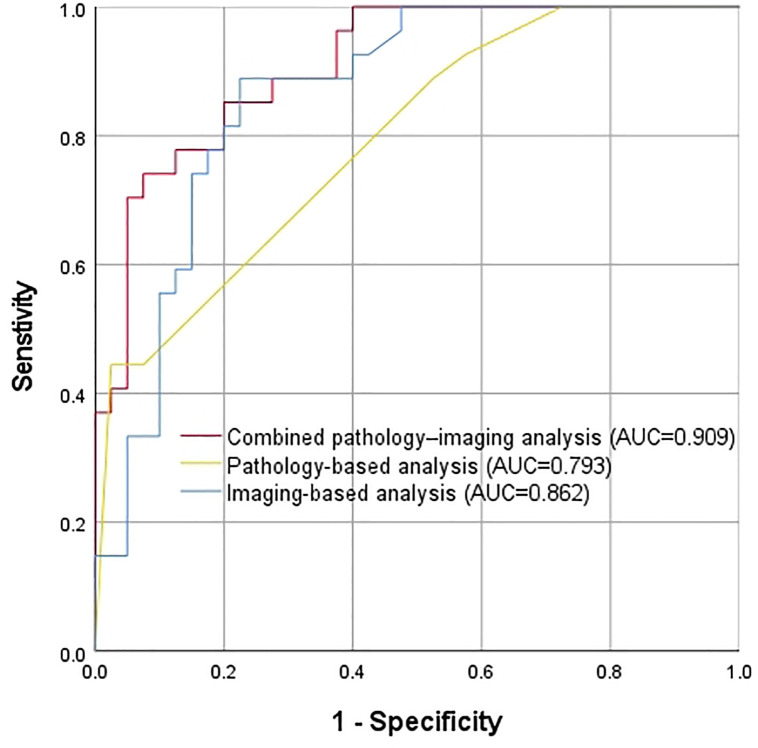 ROC curves for the combined pathology–imaging analysis, imaging-based analysis, and pathology-based analysis in ASC versus SCC.