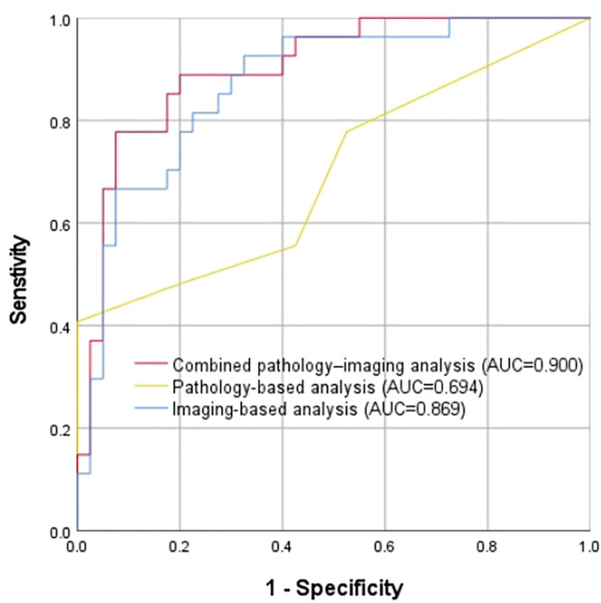 ROC curves for the combined pathology–imaging analysis, imaging-based analysis, and pathology-based analysis in ASC versus AC.