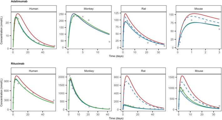 Observed (gray dots) and model simulated (solid lines) plasma concentration‐time profiles of adalimumab and rituximab in different species. For all species, model simulations were performed with three different optimization strategies: Dispersion only (red), dispersion and endosomal uptake (green), or dispersion and dose delivered (blue). Dashed lines indicate optimization performed with an upper boundary condition, that is, 5 × generic PK‐Sim value, to the endosomal uptake capacity. Observed reference data and study information were collated from studies indicated in Supporting InformationS2. Parameter values, model settings and further details are summarized in TablesS2.2andS2.3.