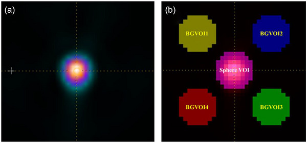 (a) Transaxial slice of Tb‐161 sphere SPECT image, (b) VOIs on that image.