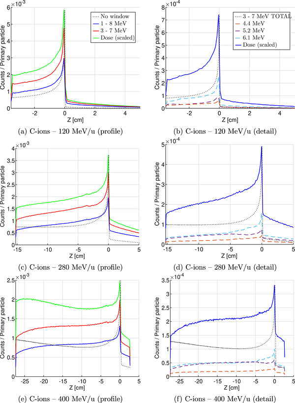 Gamma profiles and detailed distributions within the phantom for carbon‐ions at various energies. The legend shown in (a) and (b) applies to all figures.