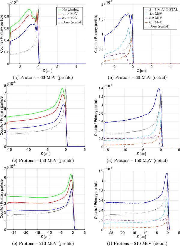 Gamma profiles and detailed distributions within the phantom for protons at various energies. The legend shown in (a) and (b) applies to all figures.